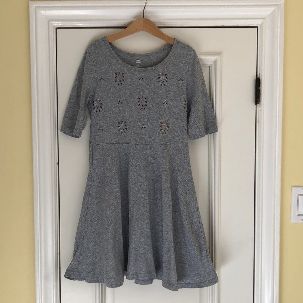 Old Navy Kids Fit and Flare Dress Jersey Knit Gray with Jewel Motif SIZE 8